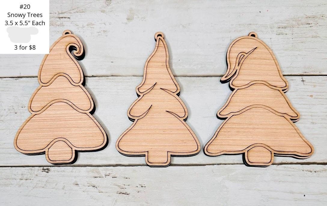 Set of Three Snowy Trees, Ornaments, DIY Craft Kit, Christmas Kits, Family and Kids Crafts, Holiday Home Decor, DIY, Wood Cutouts