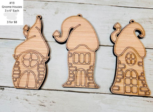 Set of Three Gnome Houses, Ornaments, DIY Craft Kit, Christmas Kits, Family and Kids Crafts, Holiday Home Decor, DIY, Wood Cutouts