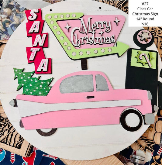 Classic Car Christmas Sign, Hanging Door Sign, DIY Craft Kit, Christmas Kits, Family and Kids Crafts, Holiday Home Decor, DIY, Wood Cutouts