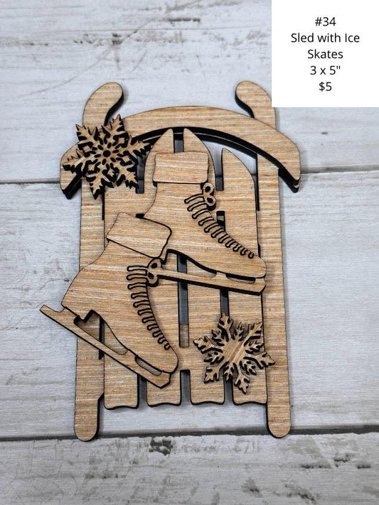 Sled with Ice Skates, Ornament, DIY Craft Kit, Christmas Kits, Family and Kids Crafts, Holiday Home Decor, DIY, Wood Cutouts